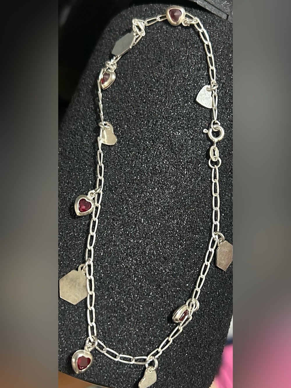 925 Sterling Silver Heart Charm bracelet with Red Gem Accents